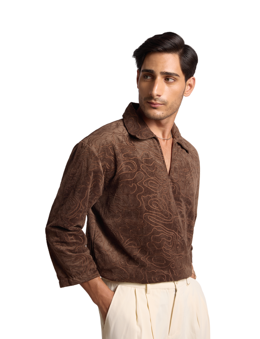 EMBROIDERED SUEDE SHIRT IN COCOA