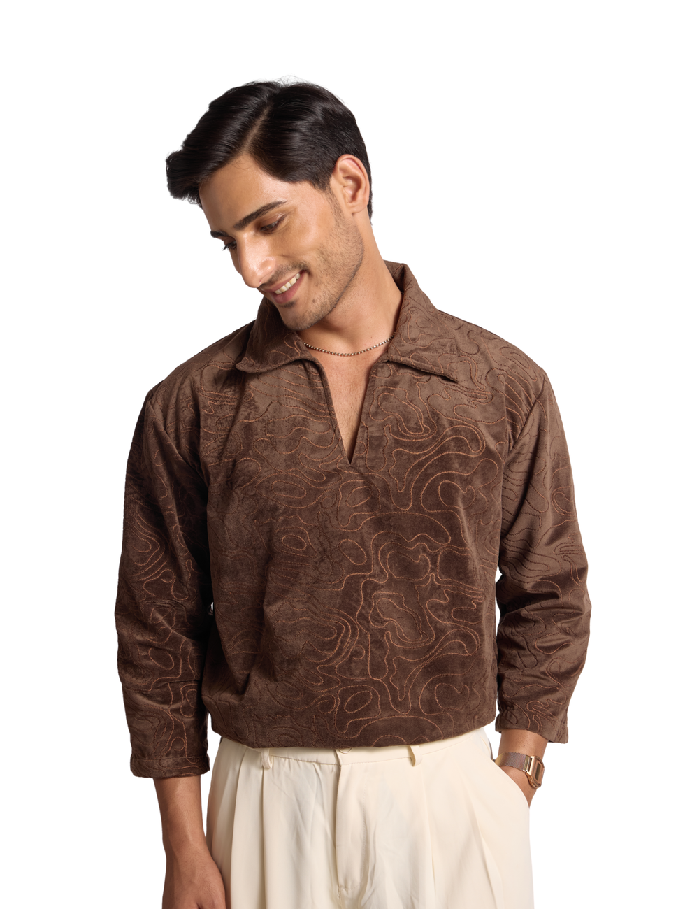EMBROIDERED SUEDE SHIRT IN COCOA