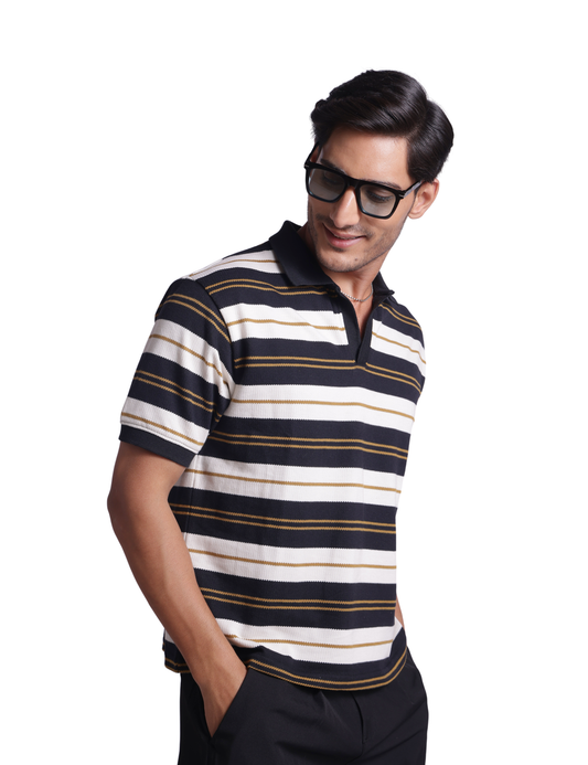 STRIPED KNIT POLO IN NOIR ECLIPSE