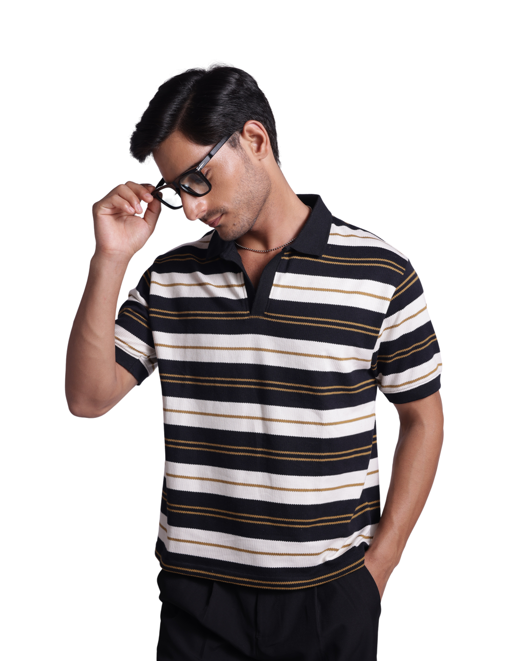 STRIPED KNIT POLO IN NOIR ECLIPSE