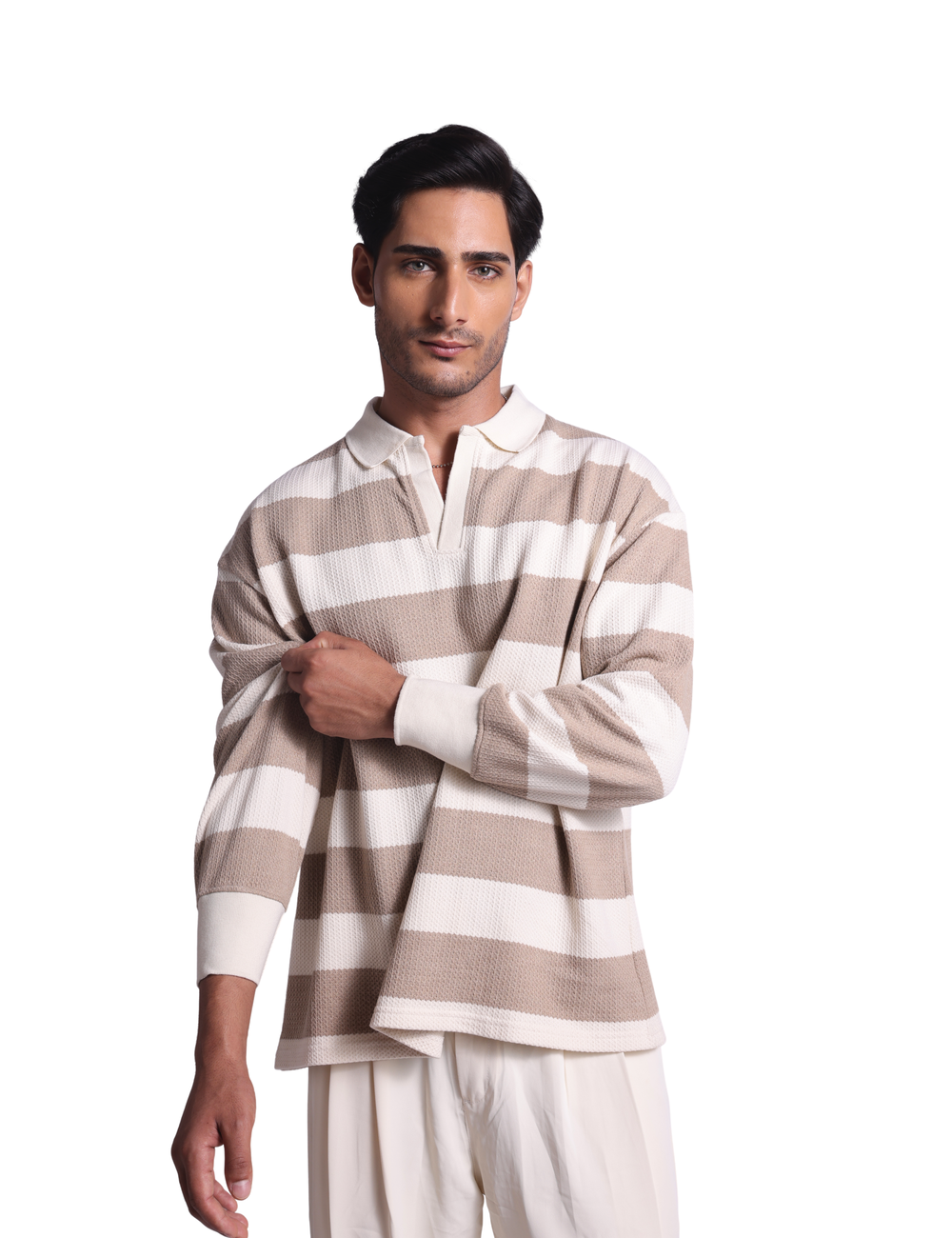 STRIPED KNIT SWEATSHIRT IN LATTE