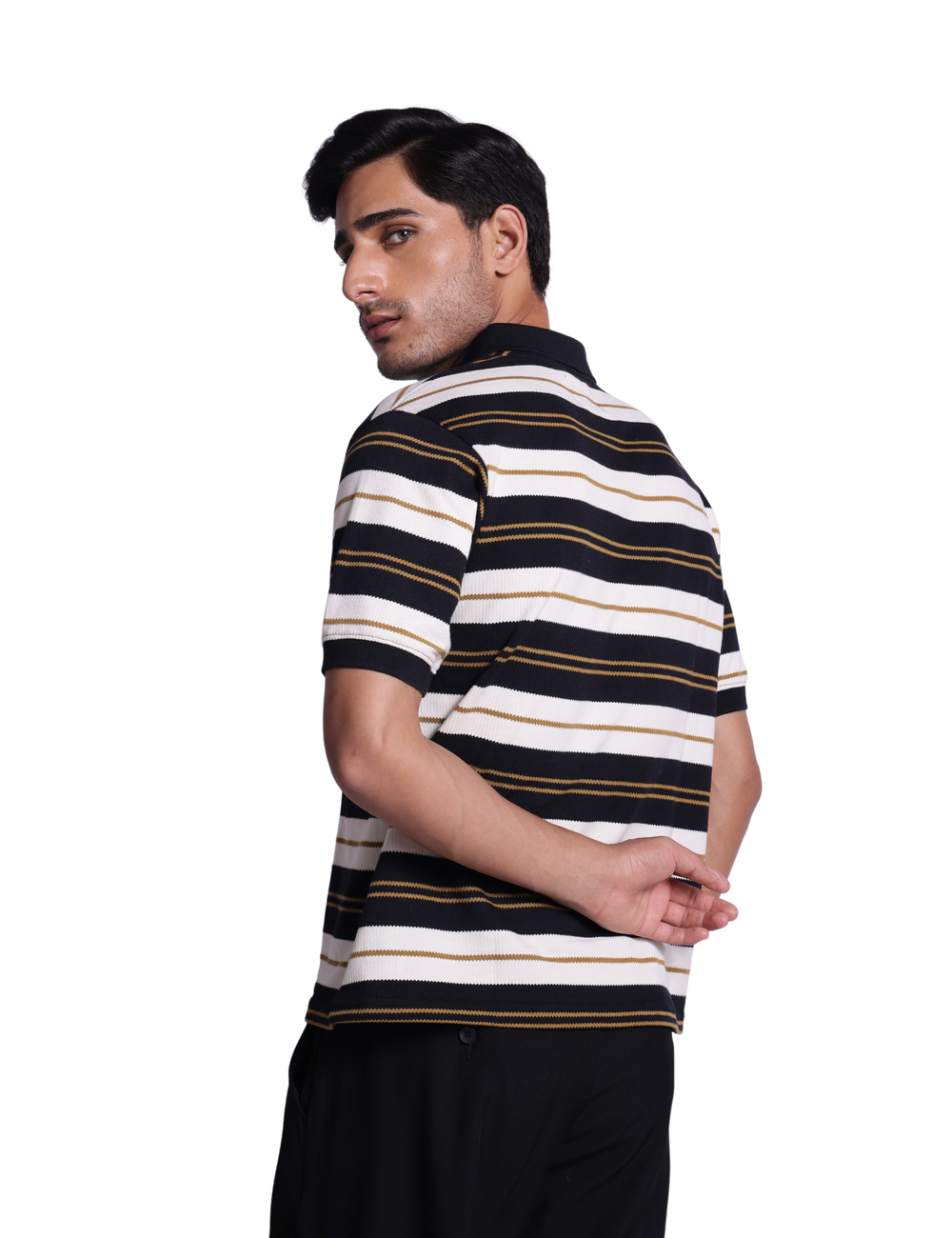 STRIPED KNIT POLO IN NOIR ECLIPSE