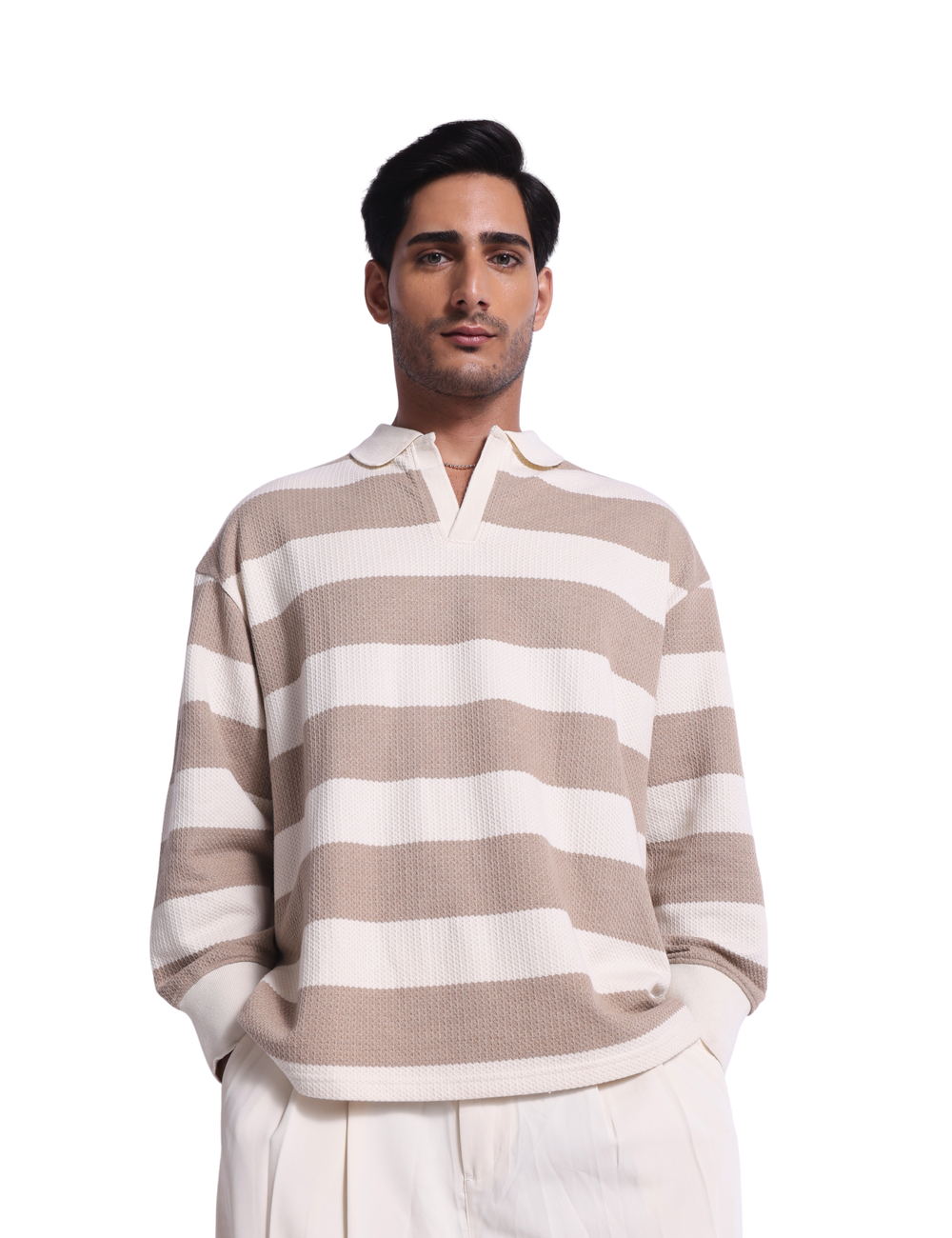 STRIPED KNIT SWEATSHIRT IN LATTE