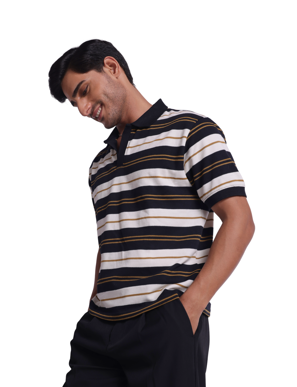 STRIPED KNIT POLO IN NOIR ECLIPSE