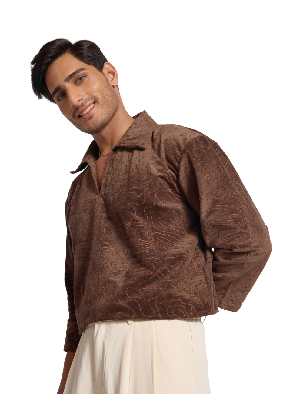 EMBROIDERED SUEDE SHIRT IN COCOA