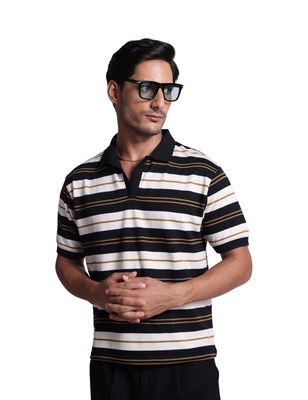 STRIPED KNIT POLO IN NOIR ECLIPSE