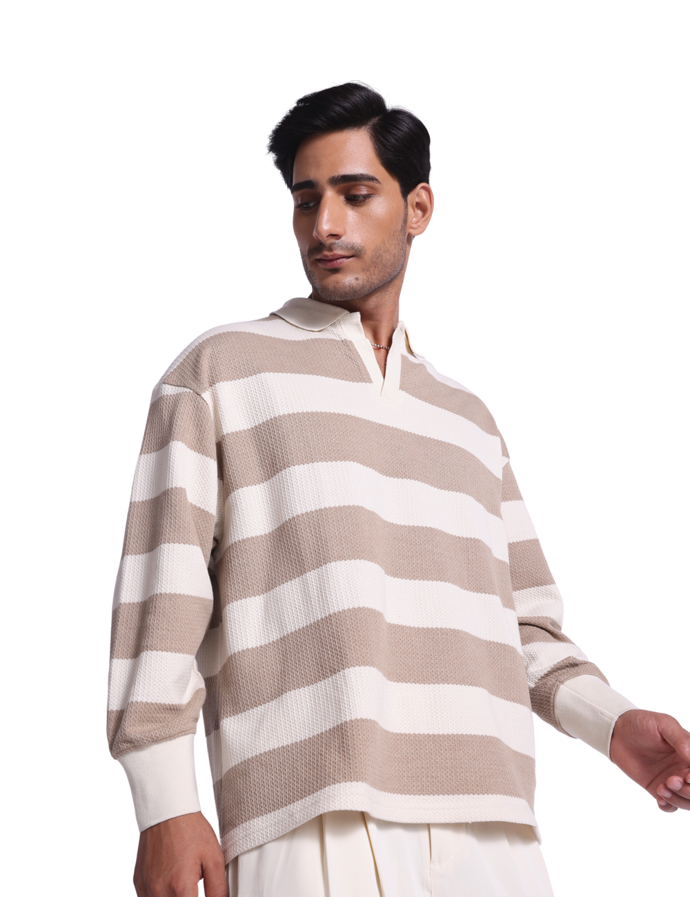 STRIPED KNIT SWEATSHIRT IN LATTE