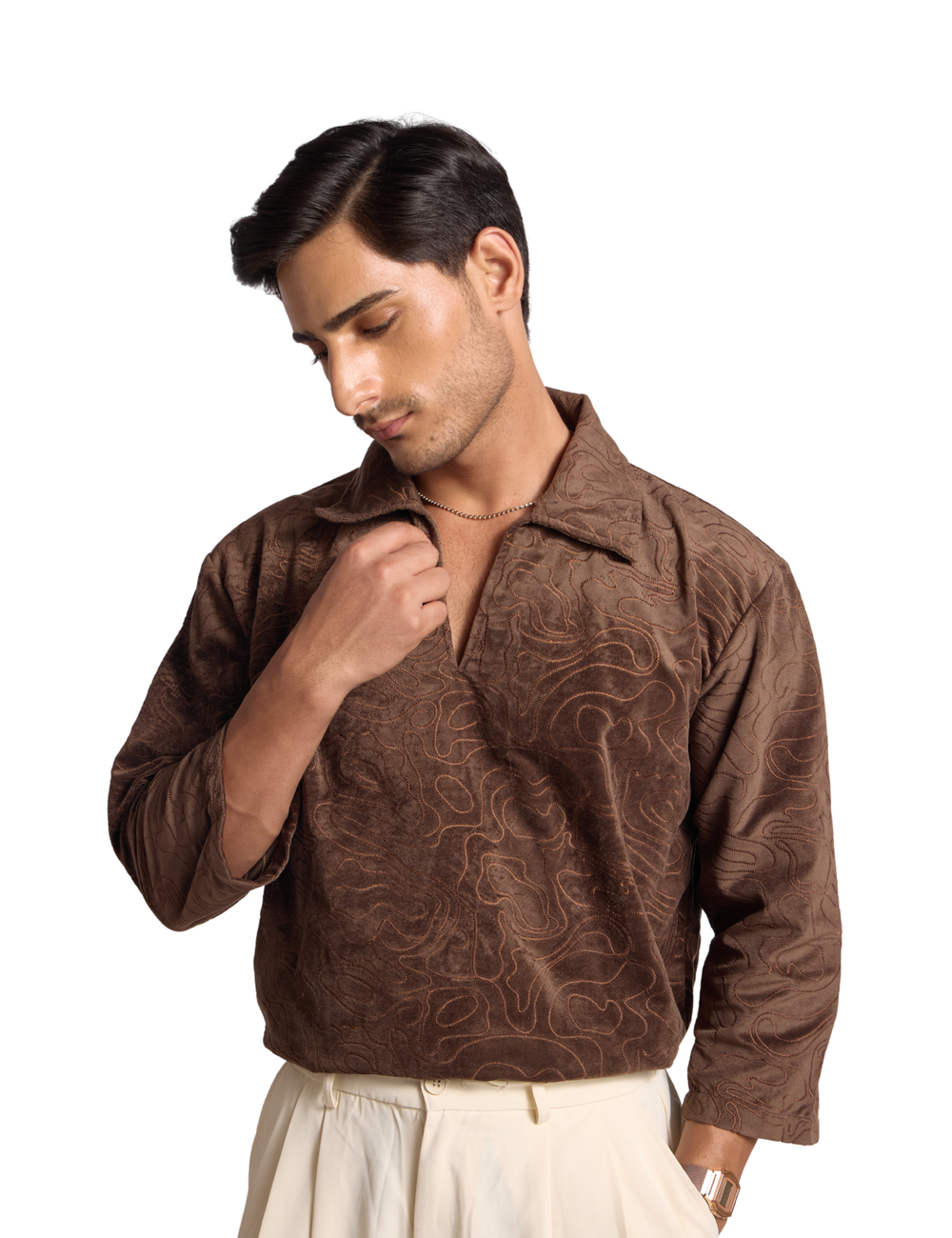 EMBROIDERED SUEDE SHIRT IN COCOA